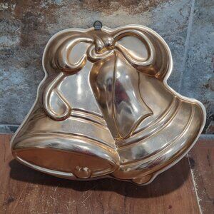 Vintage Copper Toned Aluminum Mold Double Bell Bow Baking Pan Hanging Hook